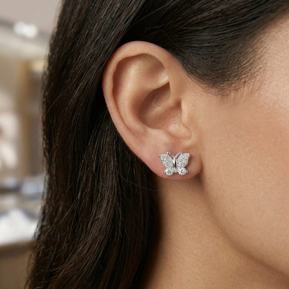 925 Sterling Silver Finish Crystal Mini-Butterfly Stud Earring - Image 3