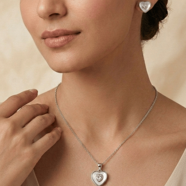 925 Sterling Silver Heart In Heart Zircon Pendant & Earrings Jewellery Set For Women - Image 3