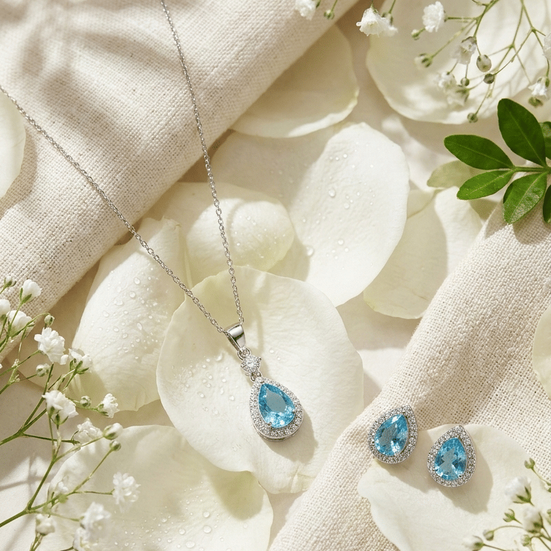 925 Sterling Silver Azure Teardrop Halo Jewellery Set - Image 2