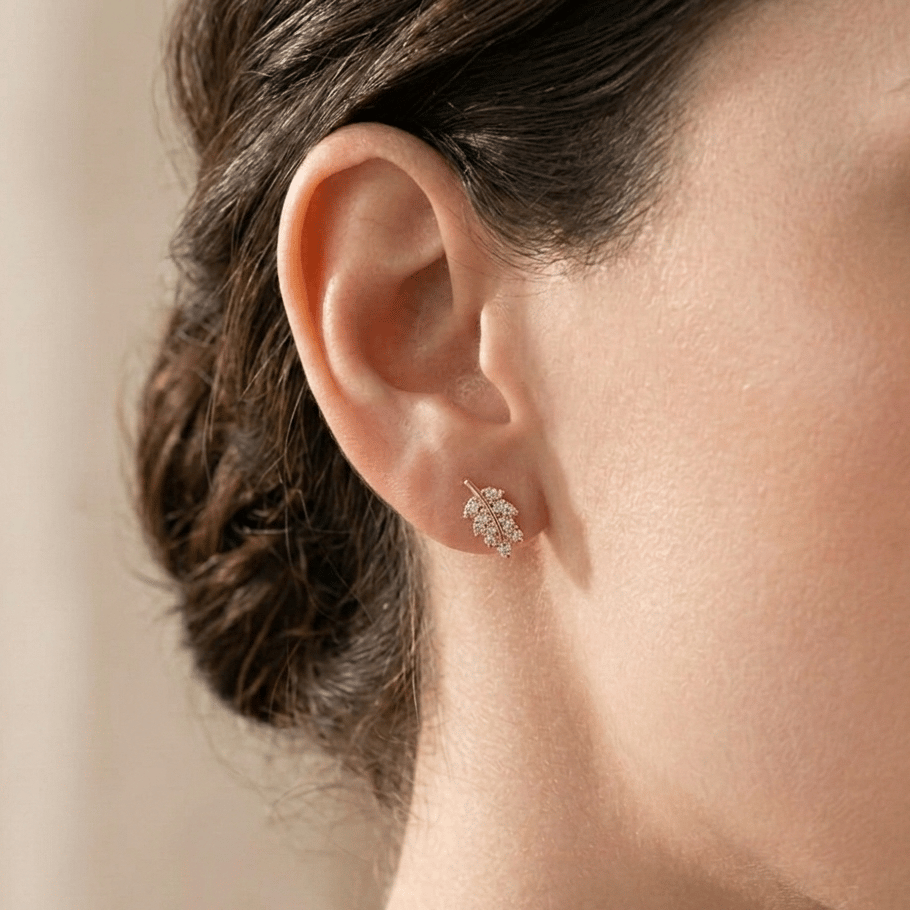 Rose Gold Finish Crystal Leaf Stud Bugadi With 925 Sterling Silver - Image 4