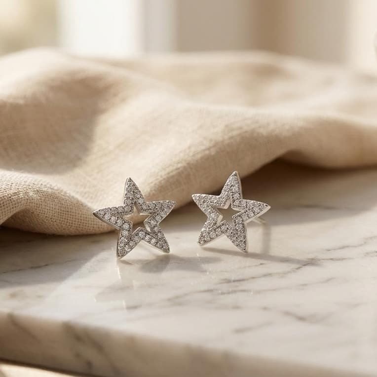 925 Sterling Silver Finish Crystal Star Stud Earring