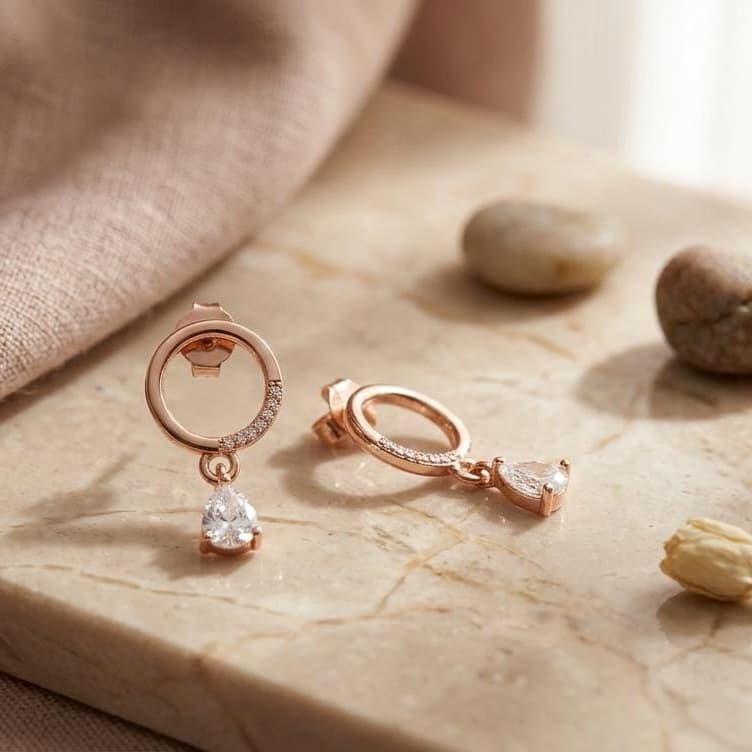 Rose Gold Finish Crystal Drop Circle Stud Earring With 925 Sterling Silver