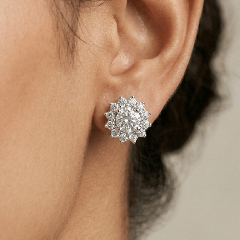925 Sterling Silver Floral Cluster Cz Jewellery Earrings