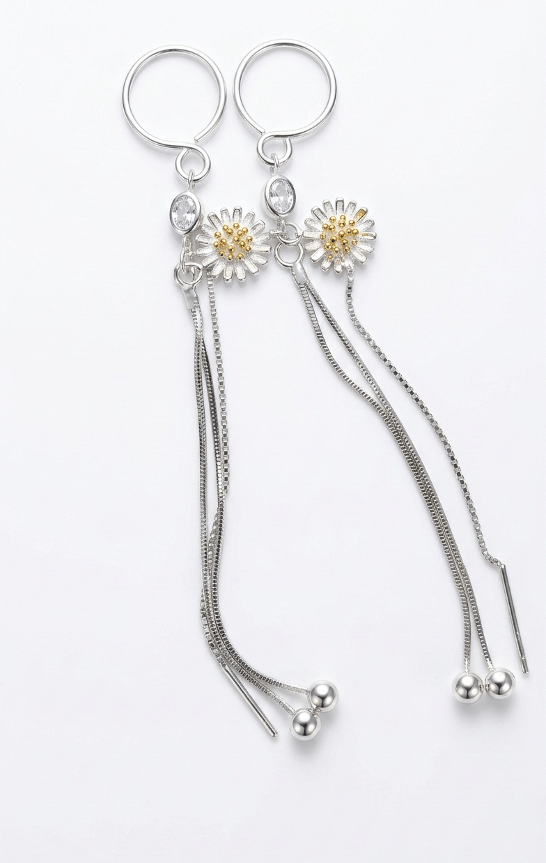 925 Sterling Silver Finish Solaria Sunflower Chain Drop Earring