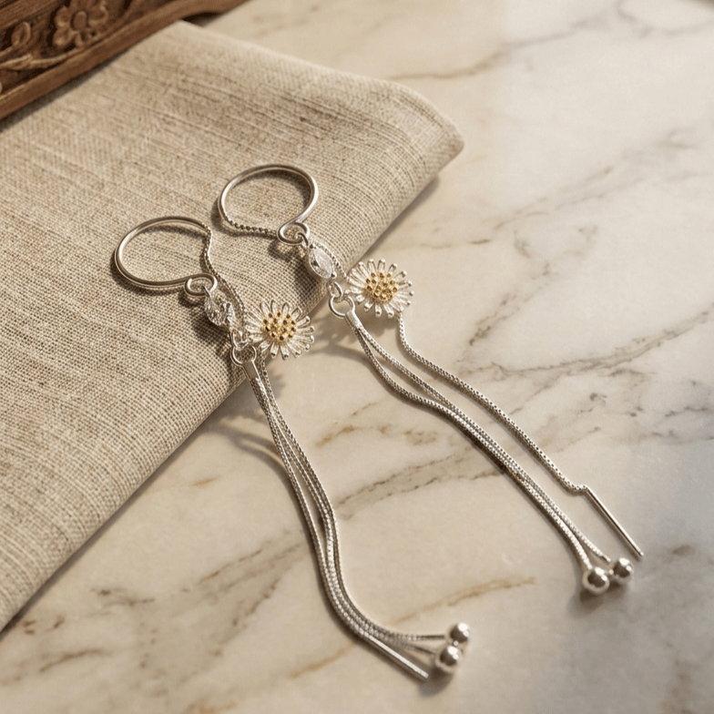 925 Sterling Silver Finish Solaria Sunflower Chain Drop Earring