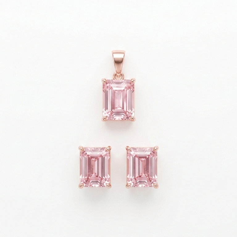 925 Sterling Silver With Rose Gold Plated Pink Stone Pendant & Earrings Jewellery Set For Women