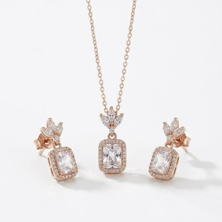Rose Gold Plated Crystal Drop Jewellery Set With 925 Sterling Silver