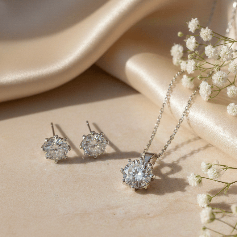 925 Sterling Silver Celestial Star-Burst Pendant & Earring Set