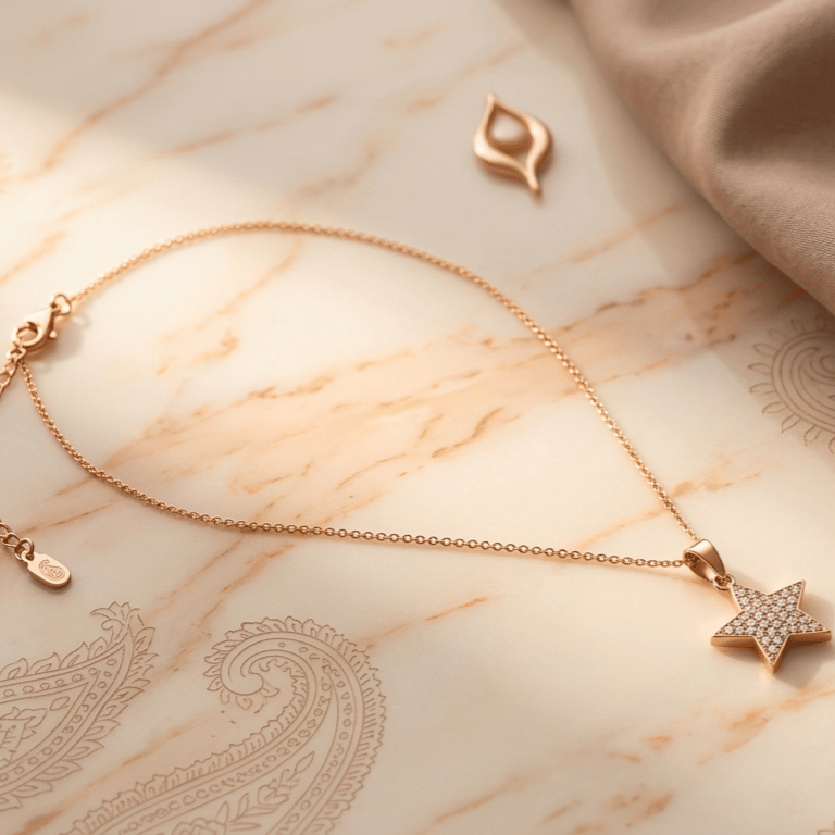 Rose Gold Radiant Star Cz Jewellery Pendant With Chain