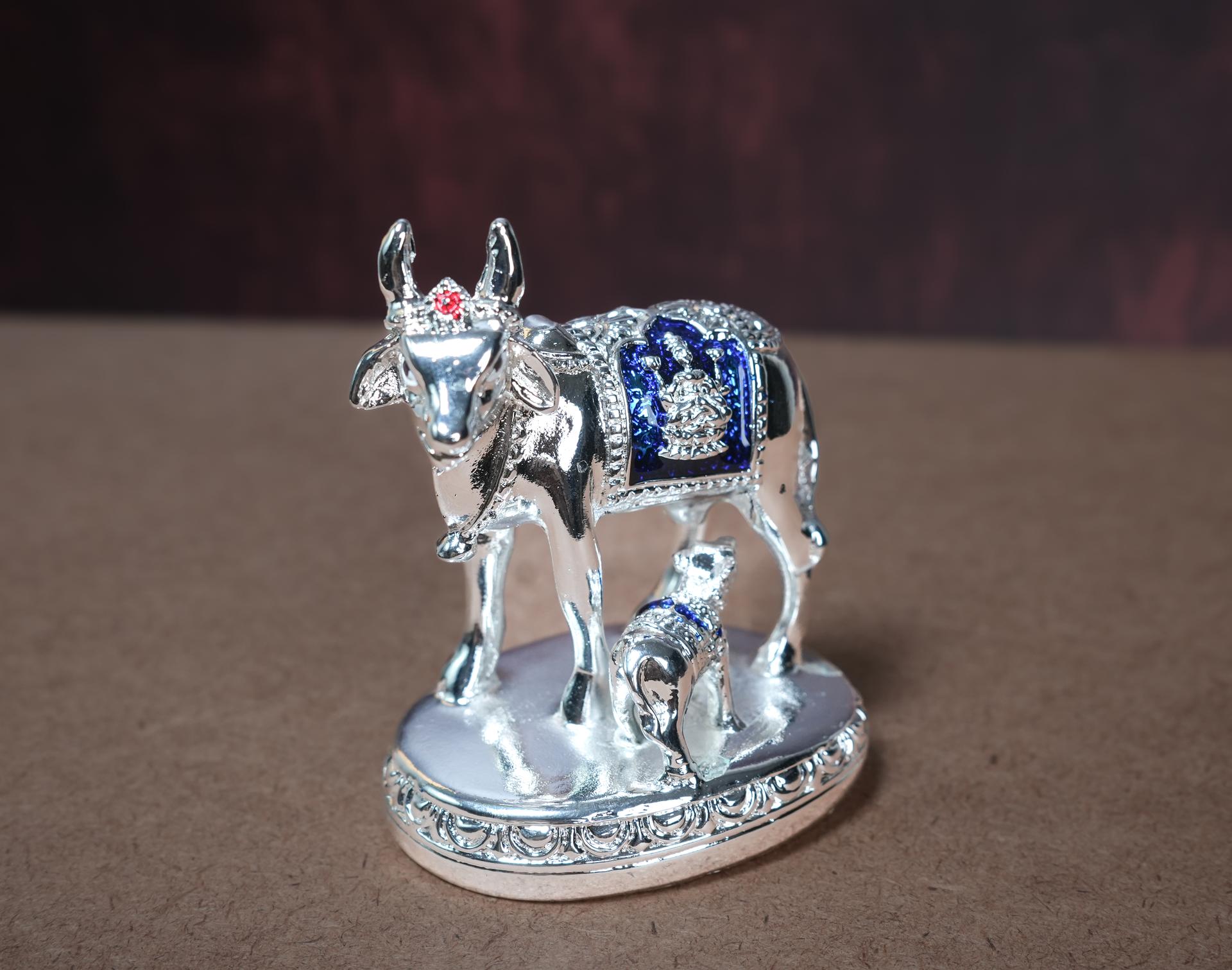 999 Silver Divya Kamadhenu Cow And Calf Figurine