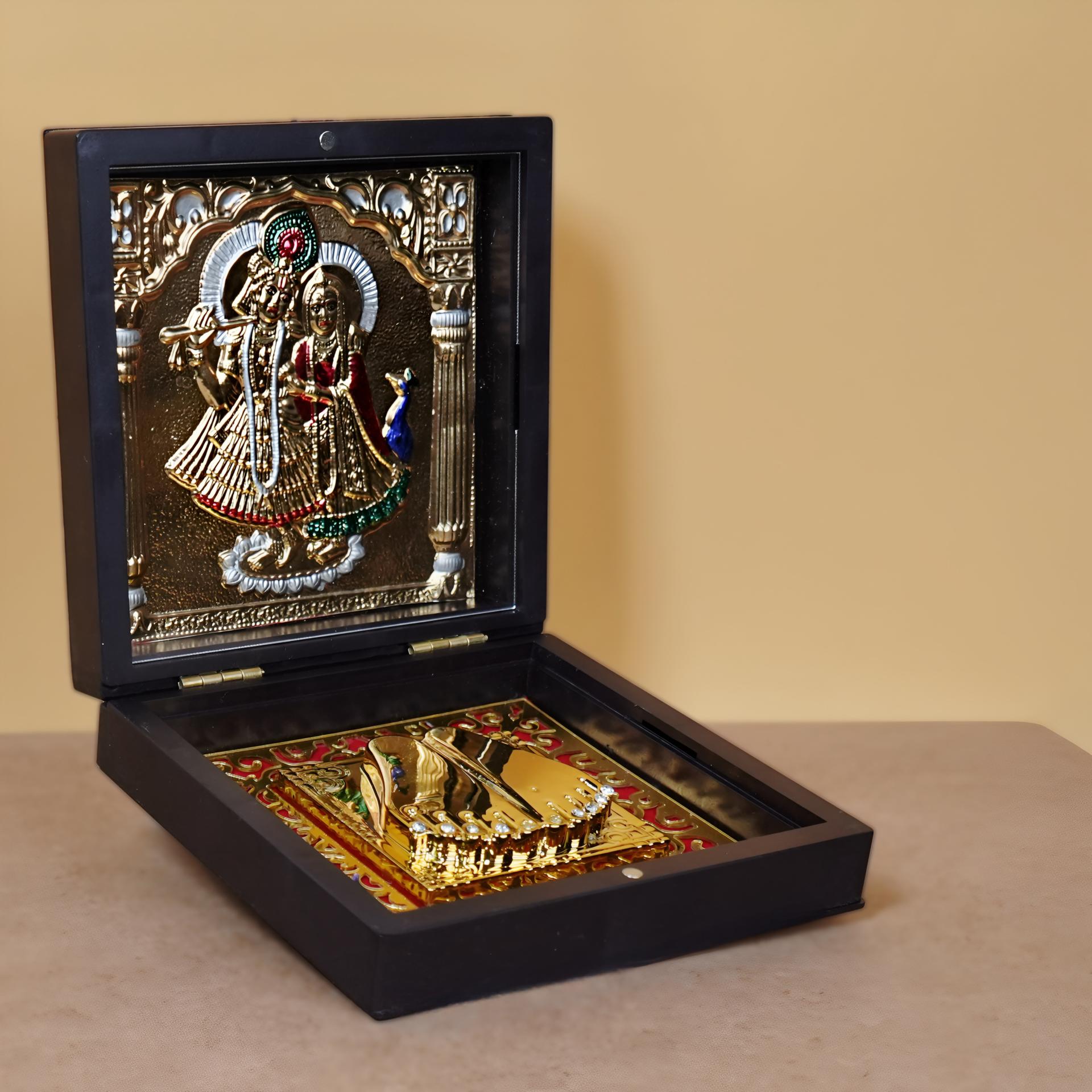 Divya Radha Krishna Charan Paduka 999 Silver Plated (golden Tone) Pooja Box - Image 3