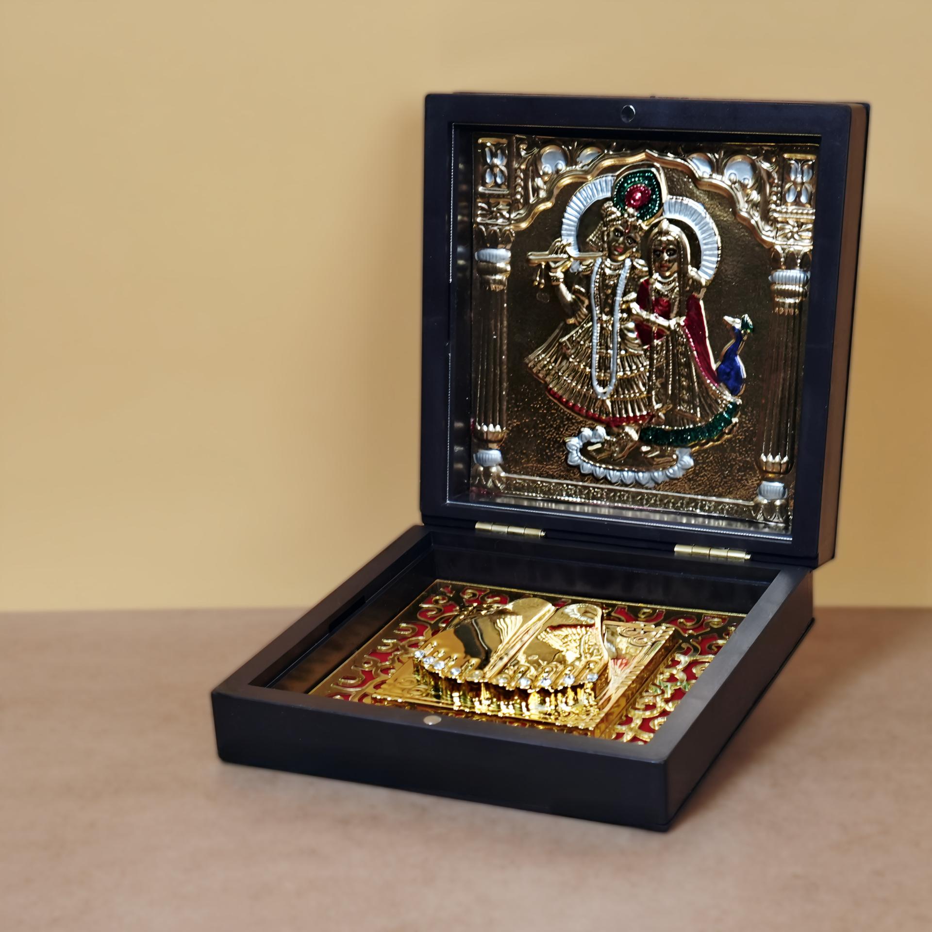 Divya Radha Krishna Charan Paduka 999 Silver Plated (golden Tone) Pooja Box
