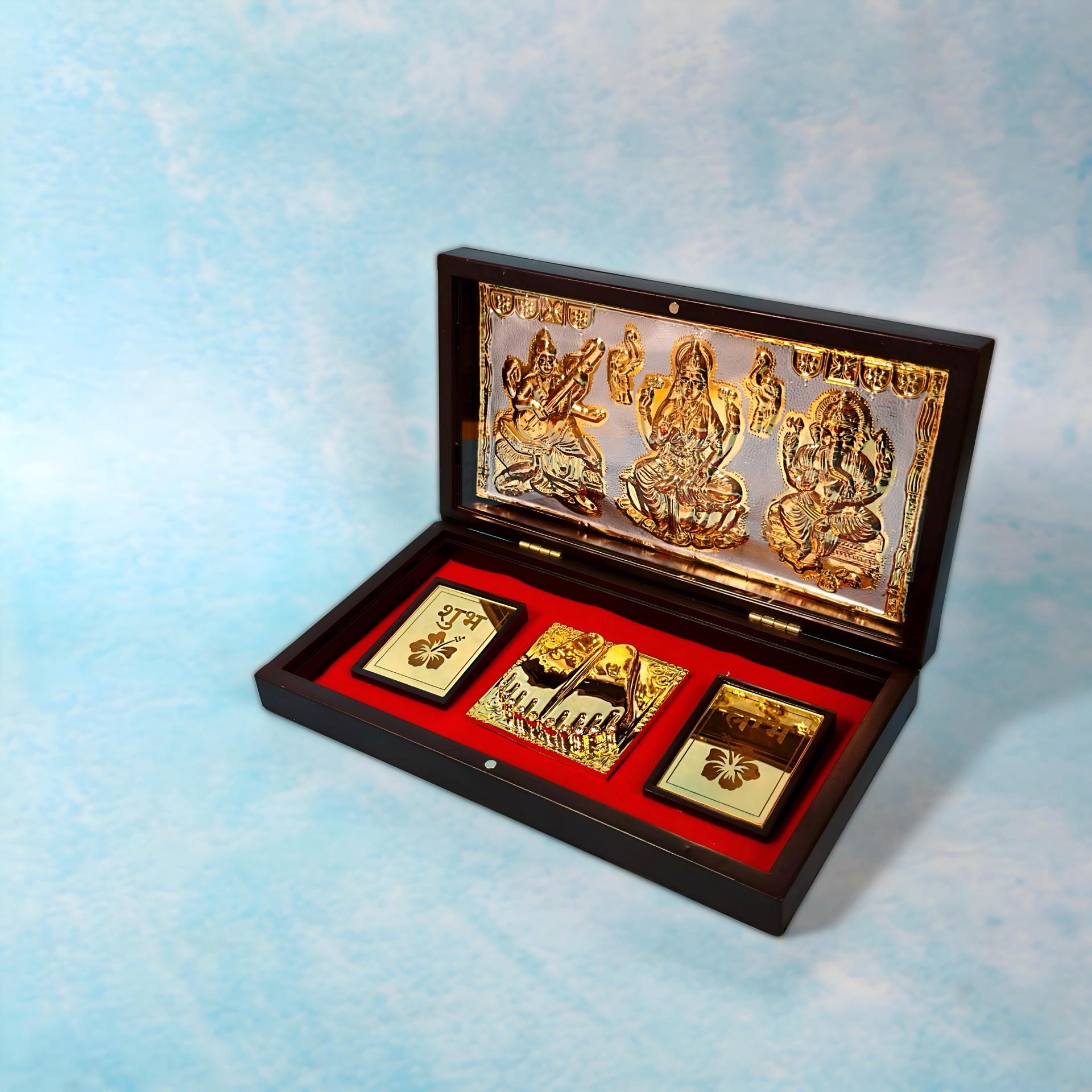 Lakshmi Ganesha Saraswati Charan Paduka 999 Silver Plated (golden Tone) Pooja Box - Image 4