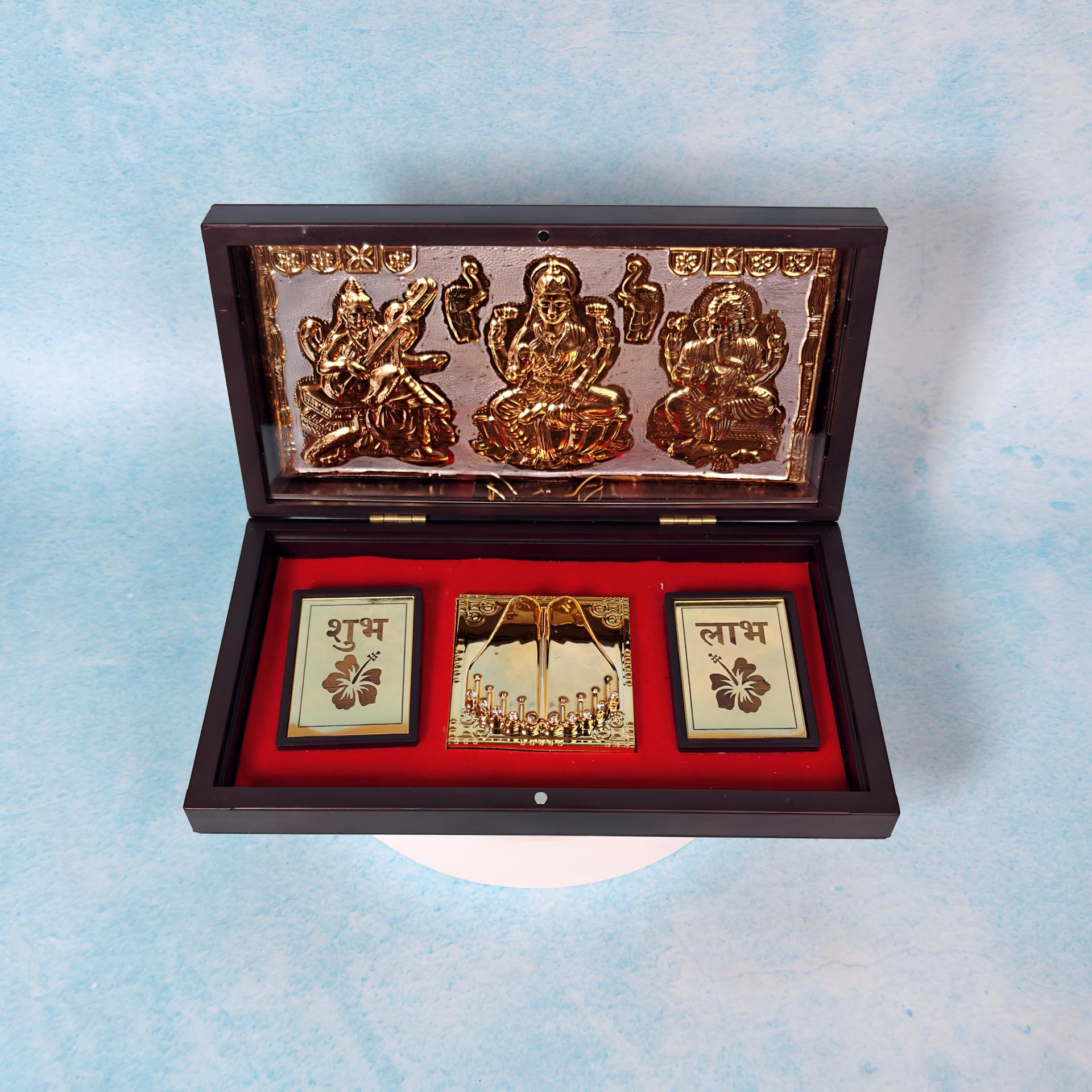 Lakshmi Ganesha Saraswati Charan Paduka 999 Silver Plated (golden Tone) Pooja Box