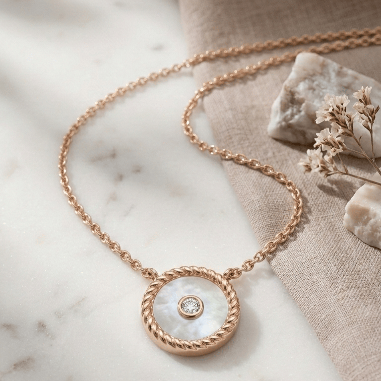 Nude Rose Gold Circle Pendant With Chain In 925 Sterling Silver With Rose Gold Plating