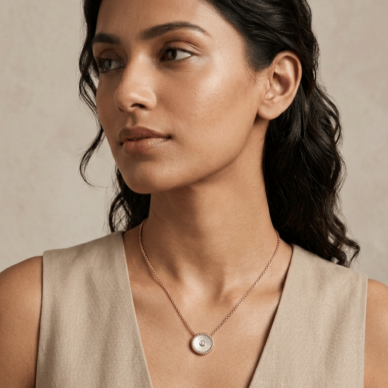 Nude Rose Gold Circle Pendant With Chain In 925 Sterling Silver With Rose Gold Plating