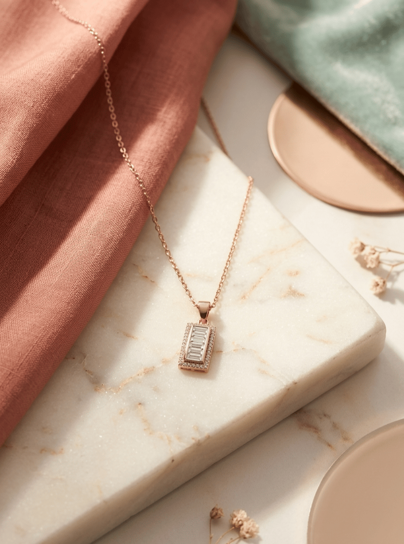 Rose Gold Baguette Zircon Stud Pendent  With Chain With 925 Sterling Silver