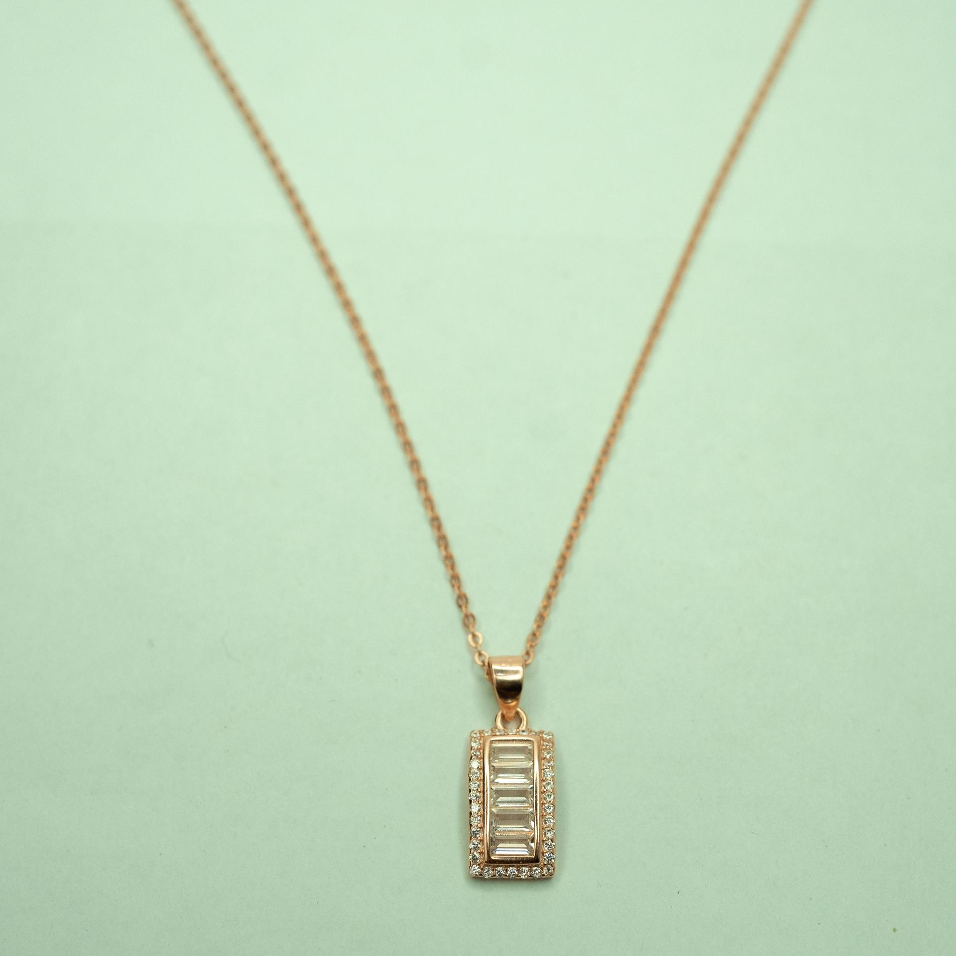 Rose Gold Baguette Zircon Stud Pendent  With Chain With 925 Sterling Silver