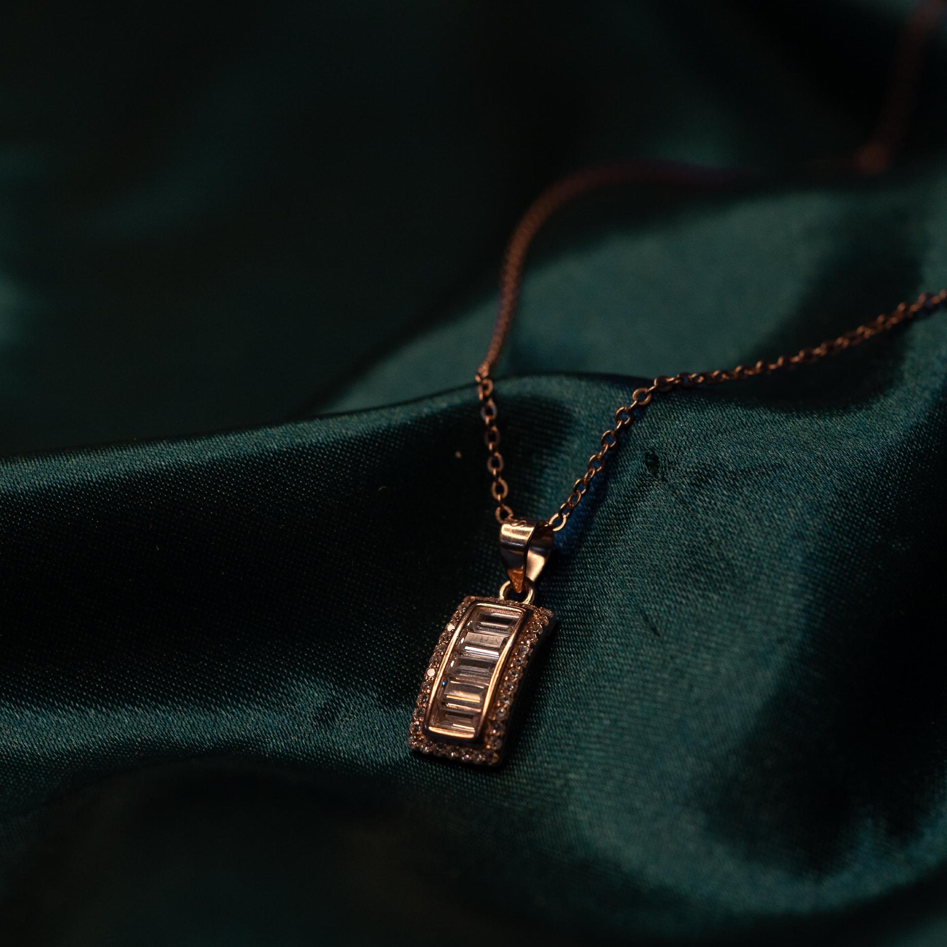 Rose Gold Baguette Zircon Stud Pendent  With Chain With 925 Sterling Silver - Image 4