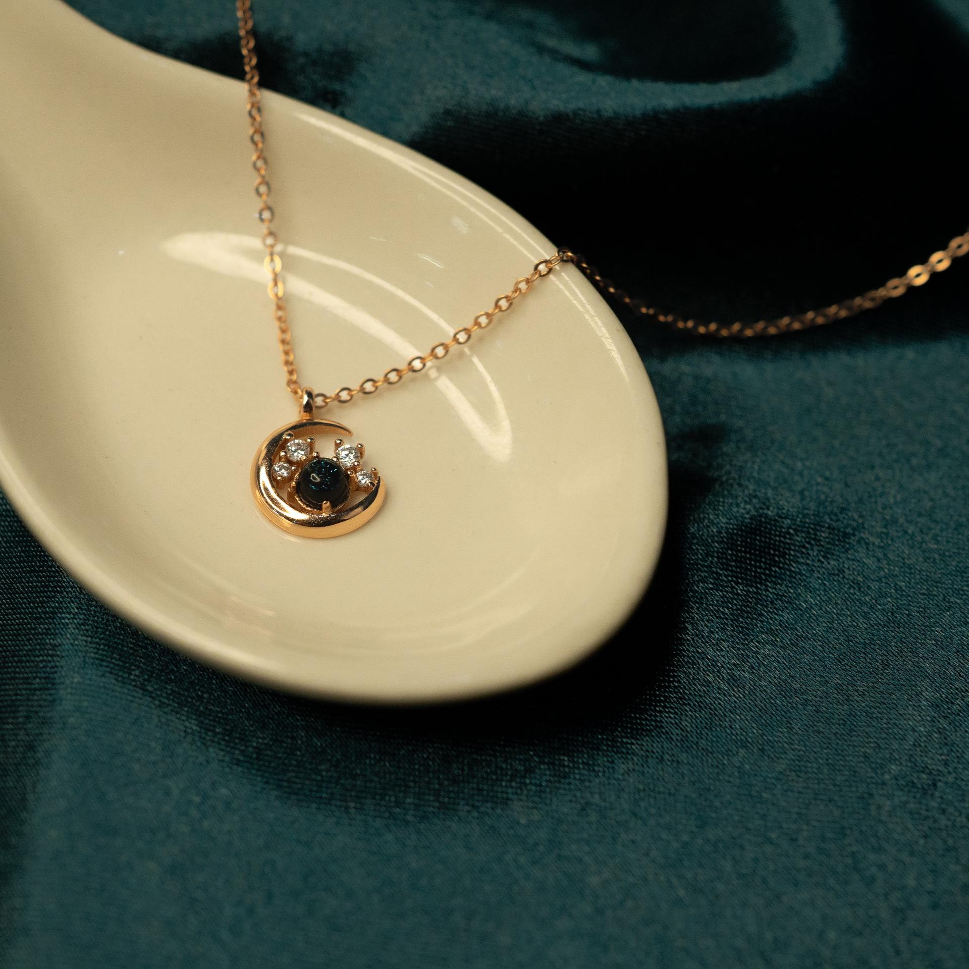 Crescent Moon Blue Stone Pendant With Chain In 925 Sterling Silver With Rose Gold Plating