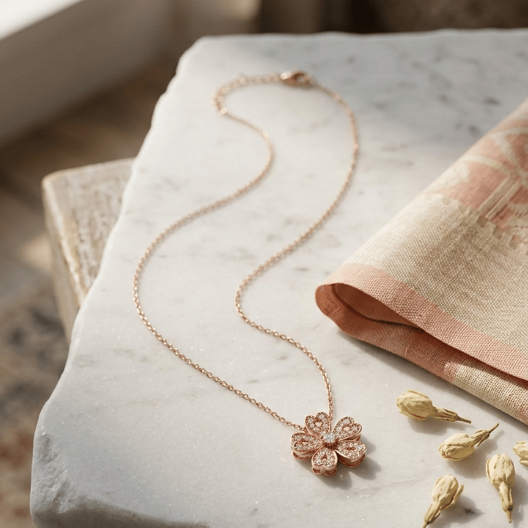Radiant Floral Pendant With Chain In 925 Sterling Silver With Rose Gold Plating