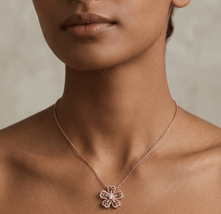 Radiant Floral Pendant With Chain In 925 Sterling Silver With Rose Gold Plating