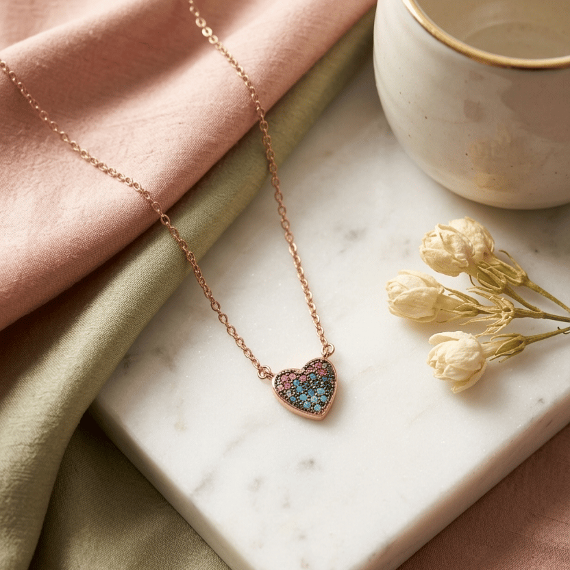 Rainbow Stellar Heart Pendant With Chain In 925 Sterling Silver With Rose Gold Plating