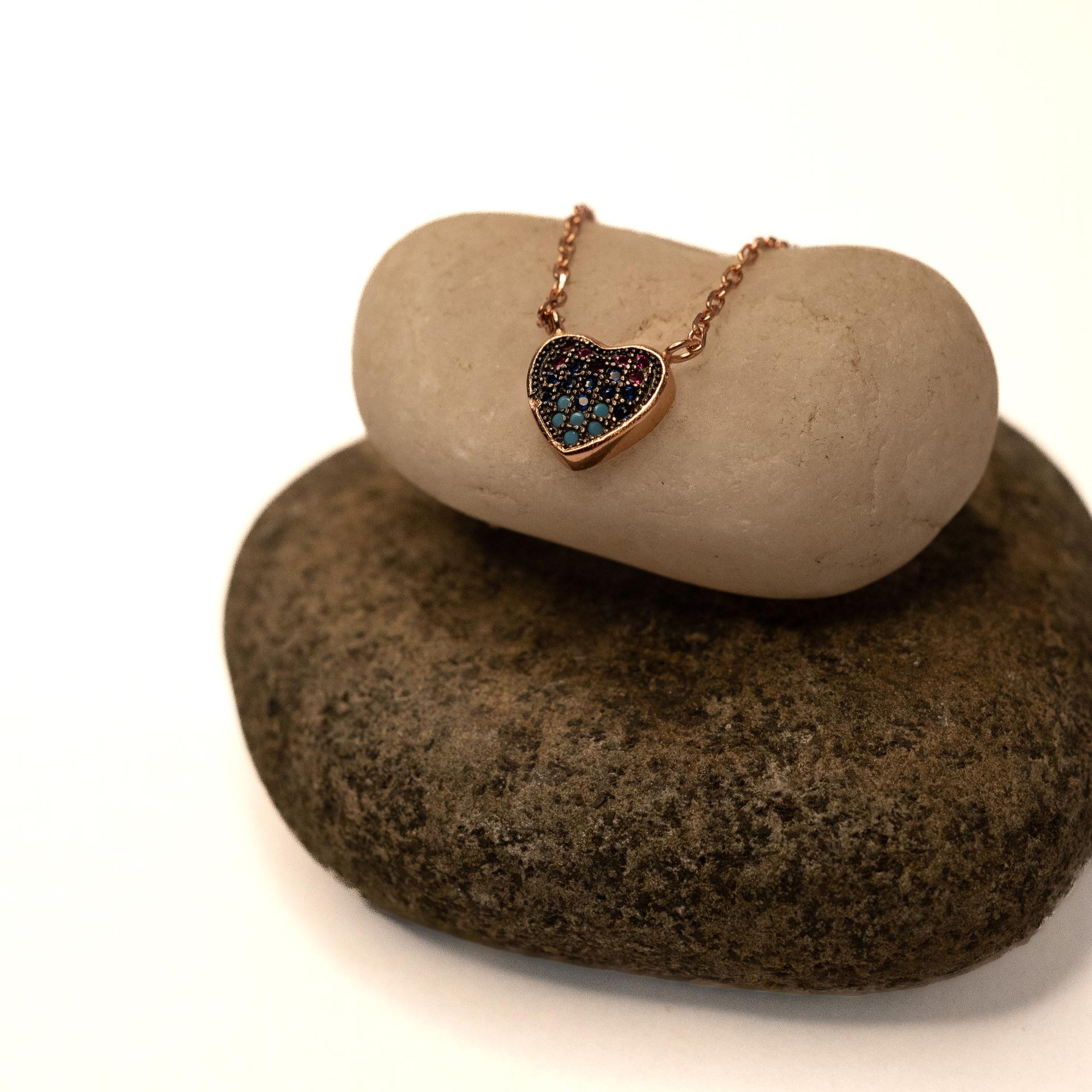 Rainbow Stellar Heart Pendant With Chain In 925 Sterling Silver With Rose Gold Plating
