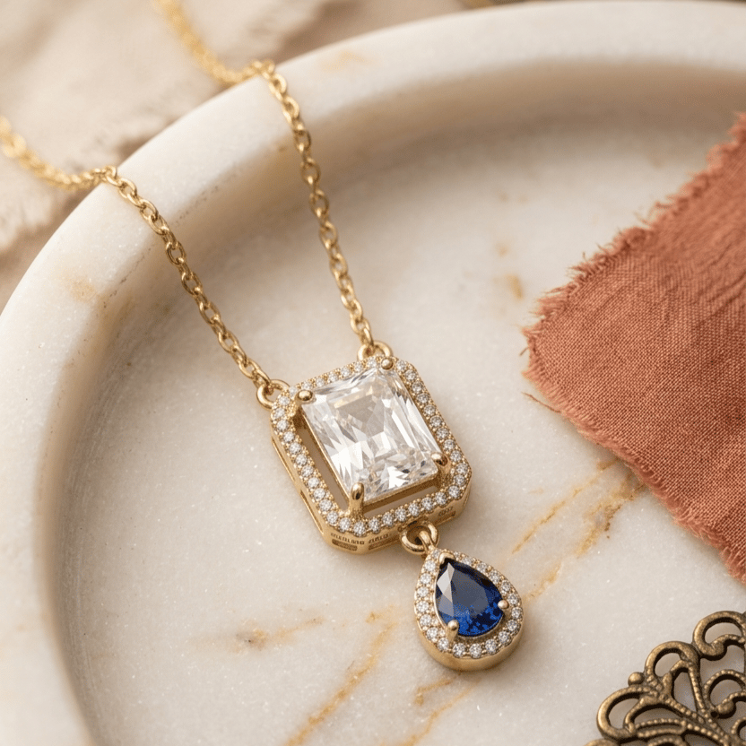 Royal Sapphire Halo Drop Gold Pendant Necklace With Chain