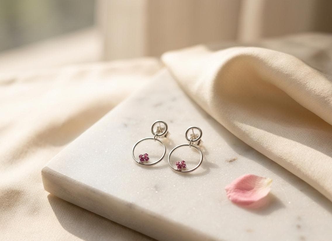 925 Sterling Silver Elegant Finish Pink Floral Circle Drop Earring