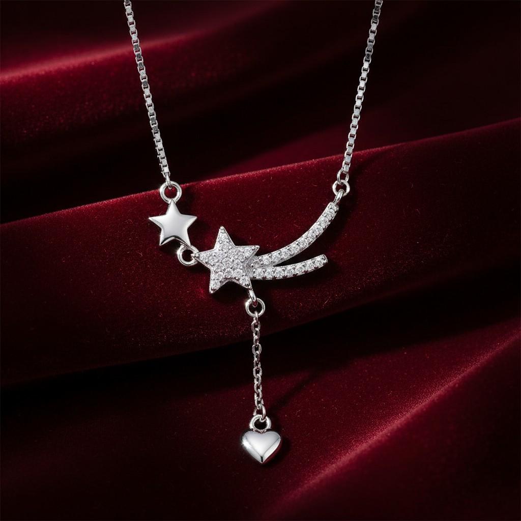 925 Sterling Silver Finish Crystal Star Drop Necklace With Chain - Image 4