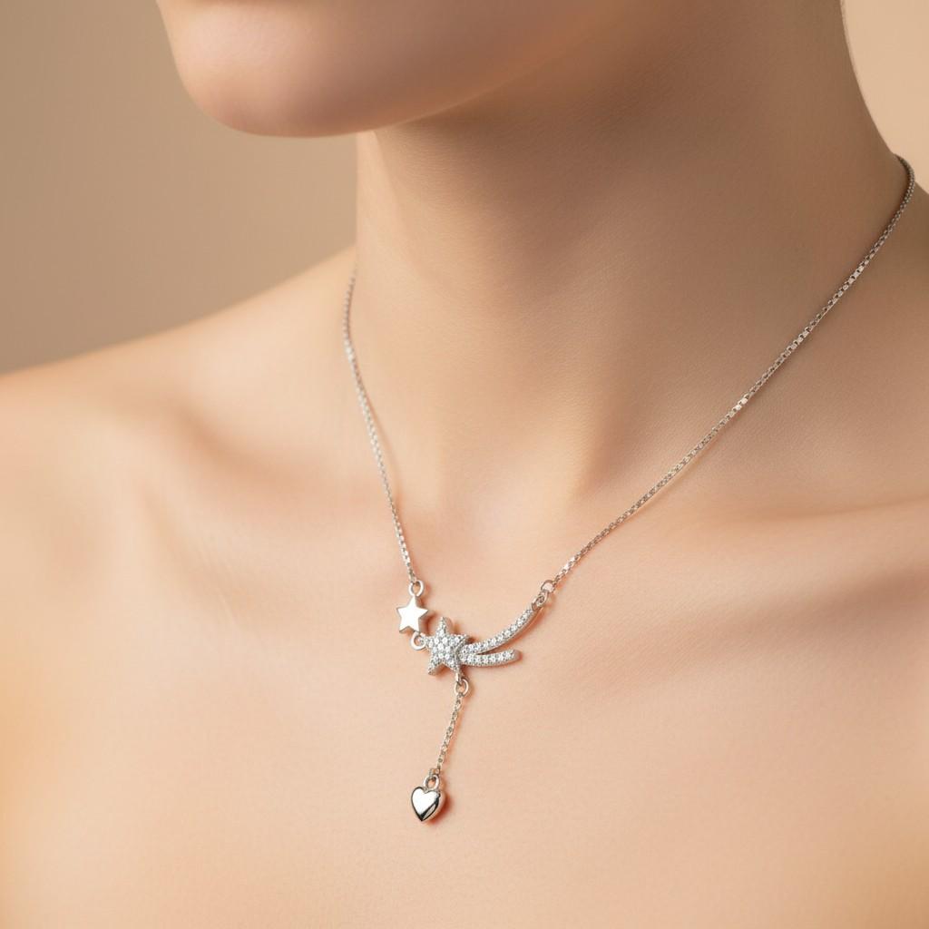 925 Sterling Silver Finish Crystal Star Drop Necklace With Chain - Image 3