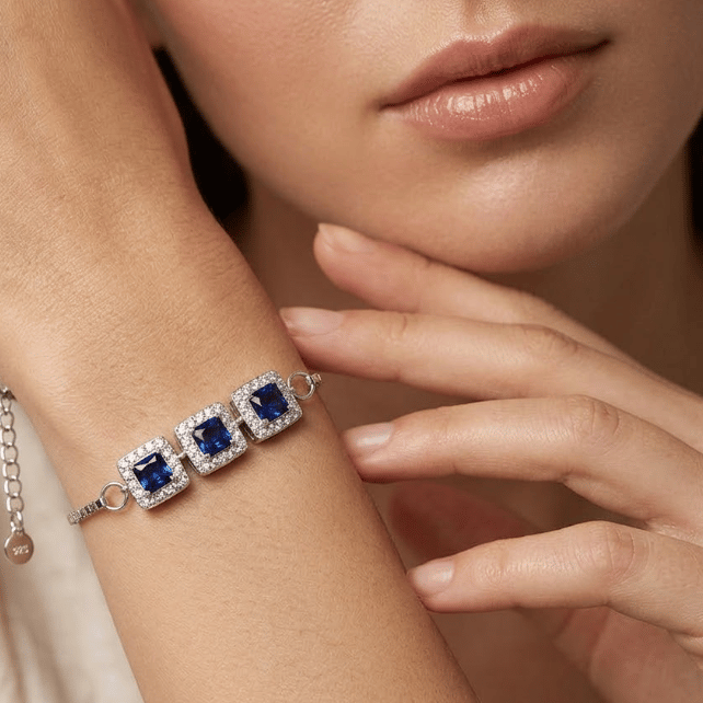 925 Sterling Silver Blue Cushion Cut Square Halo Studs Bracelet