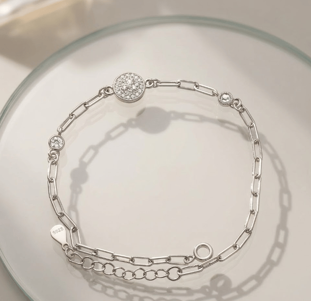 925 Sterling Silver Minimal Zircon Disc Chain Bracelet - Image 3