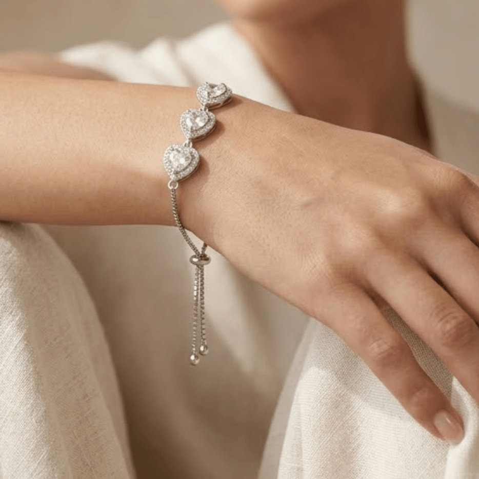 925 Sterling Silver Triple Heart Cz Jewellery Bracelet - Image 4