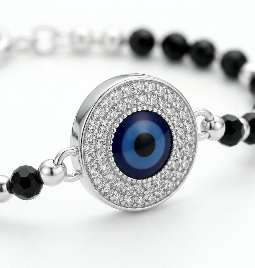 925 Sterling Silver Evil Eye Crystal Halo Jewellery Bracelet