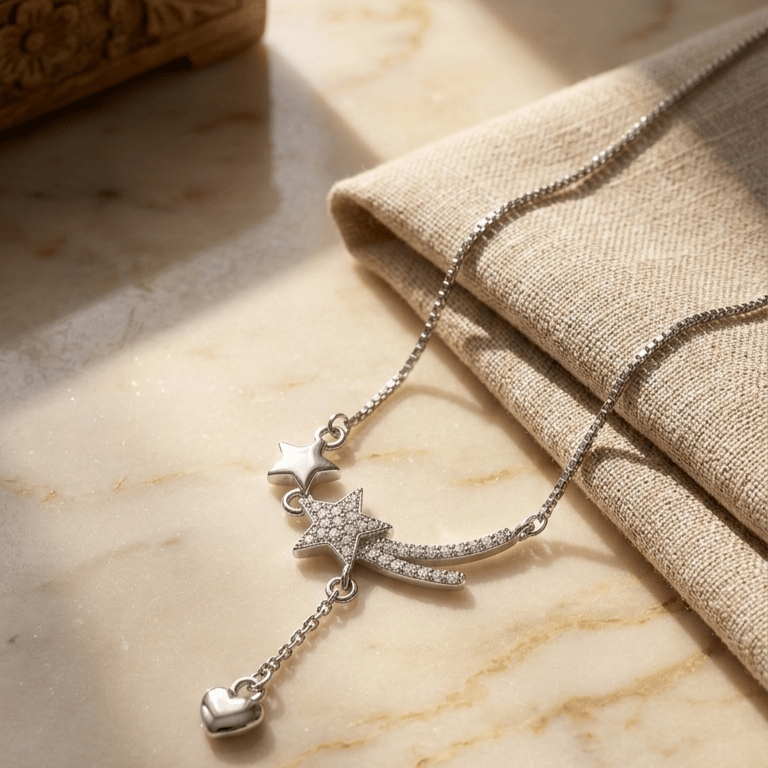 925 Sterling Silver Finish Crystal Star Drop Necklace With Chain
