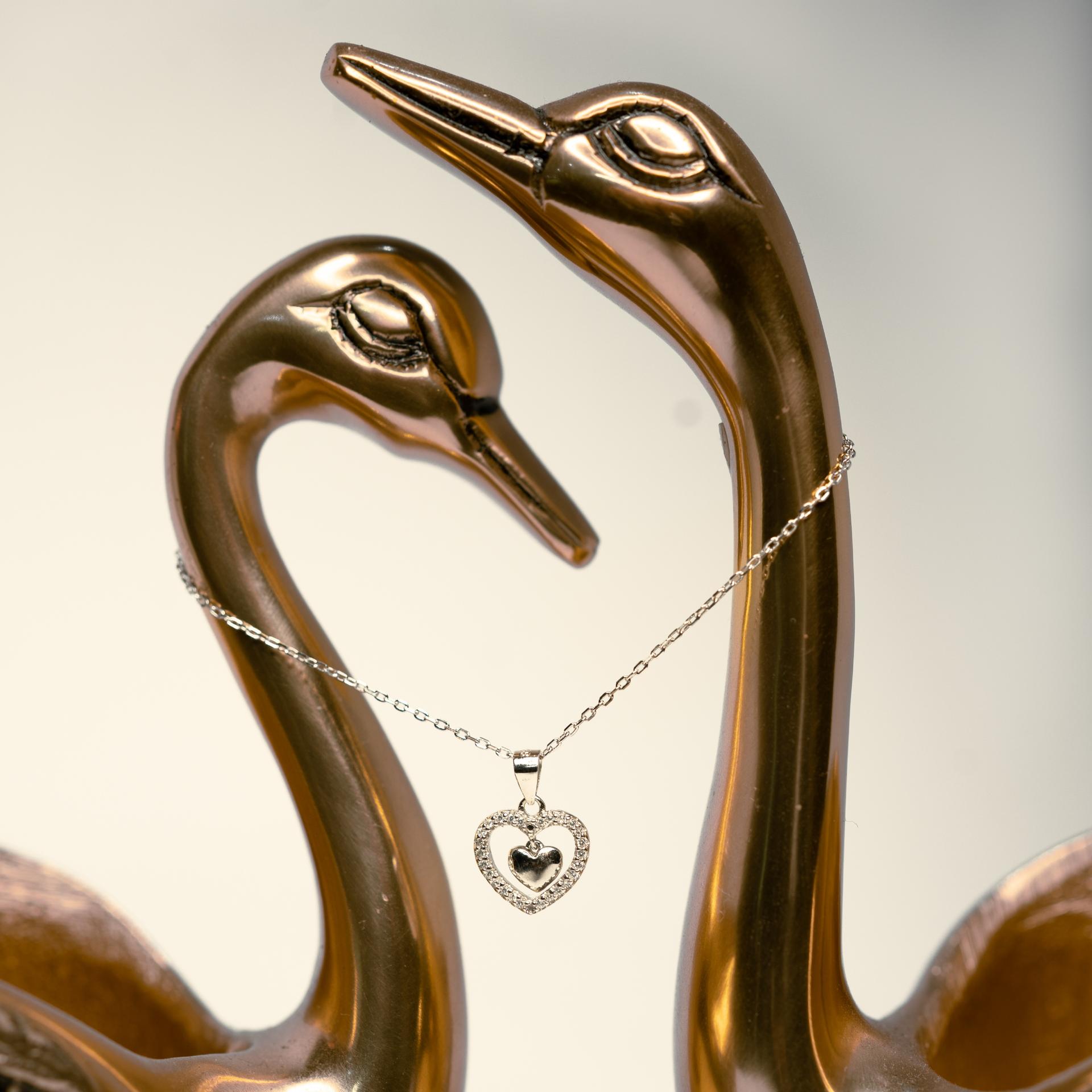 925 Sterling Silver Heart-In-Heart Zircon Pendent With Chain