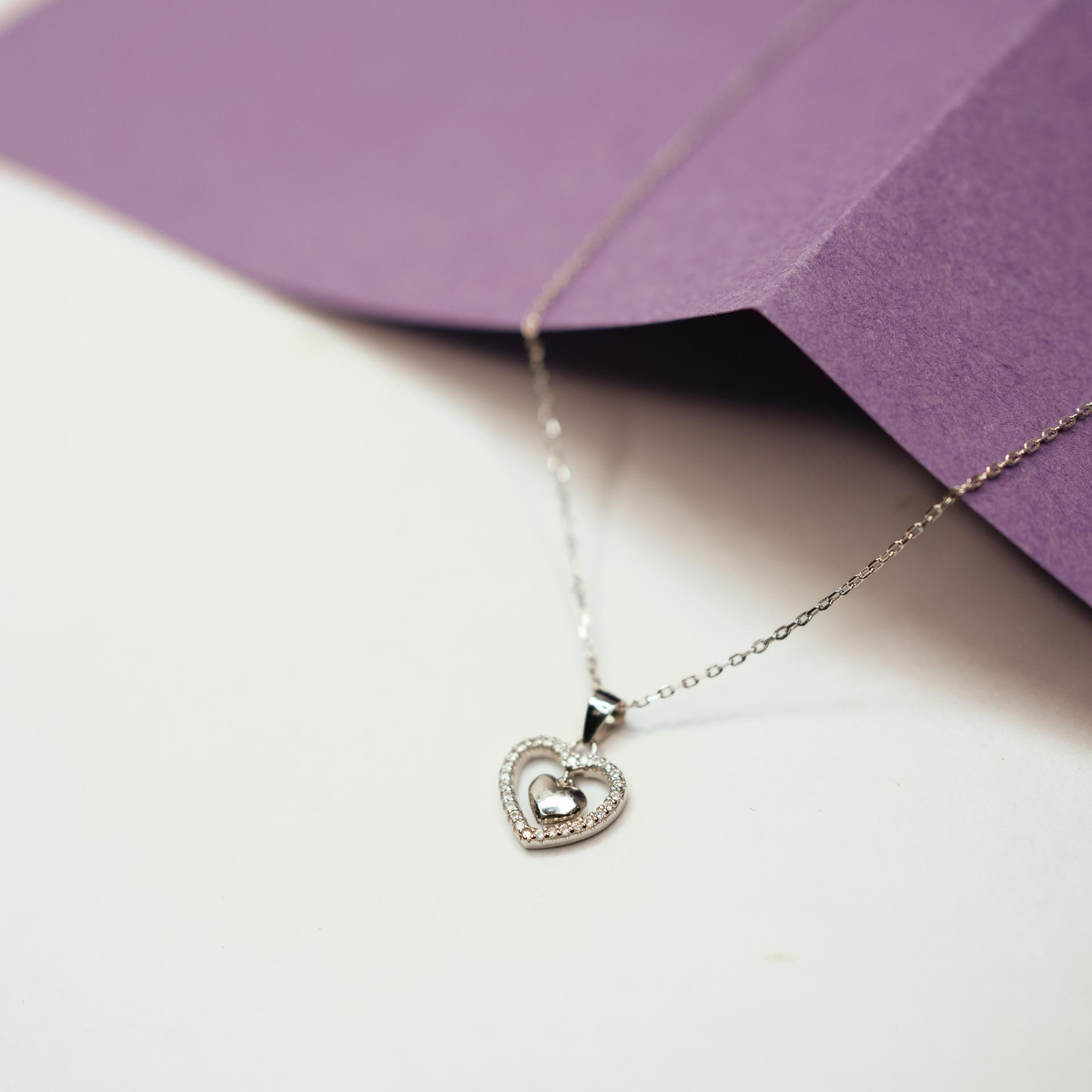 925 Sterling Silver Heart-In-Heart Zircon Pendent With Chain - Image 4