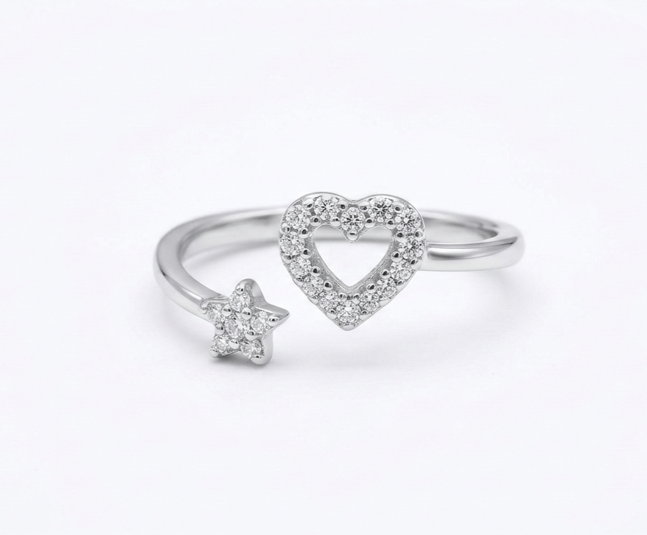 925 Sterling Silver Heart Zircon Adjustable  Ring