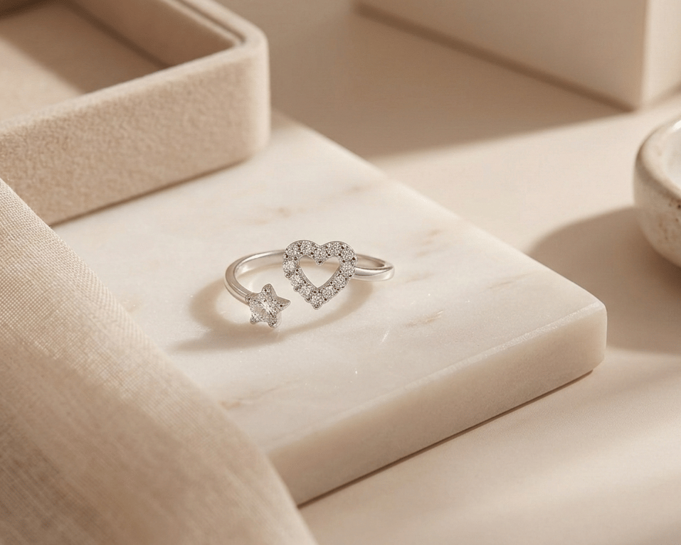 925 Sterling Silver Heart Zircon Adjustable  Ring