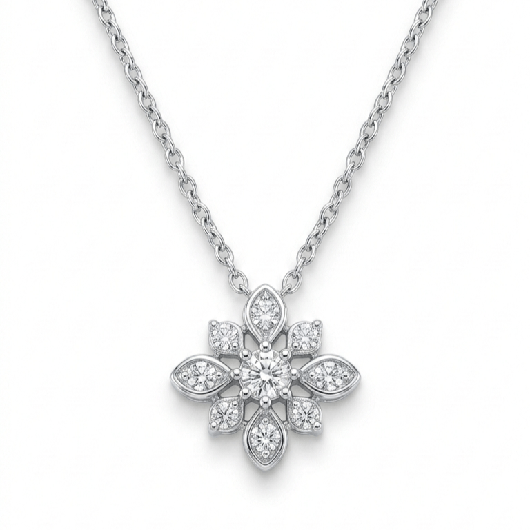 925 Sterling Silver Radiant Floral Cluster Jewellery Pendant Necklace With Chain