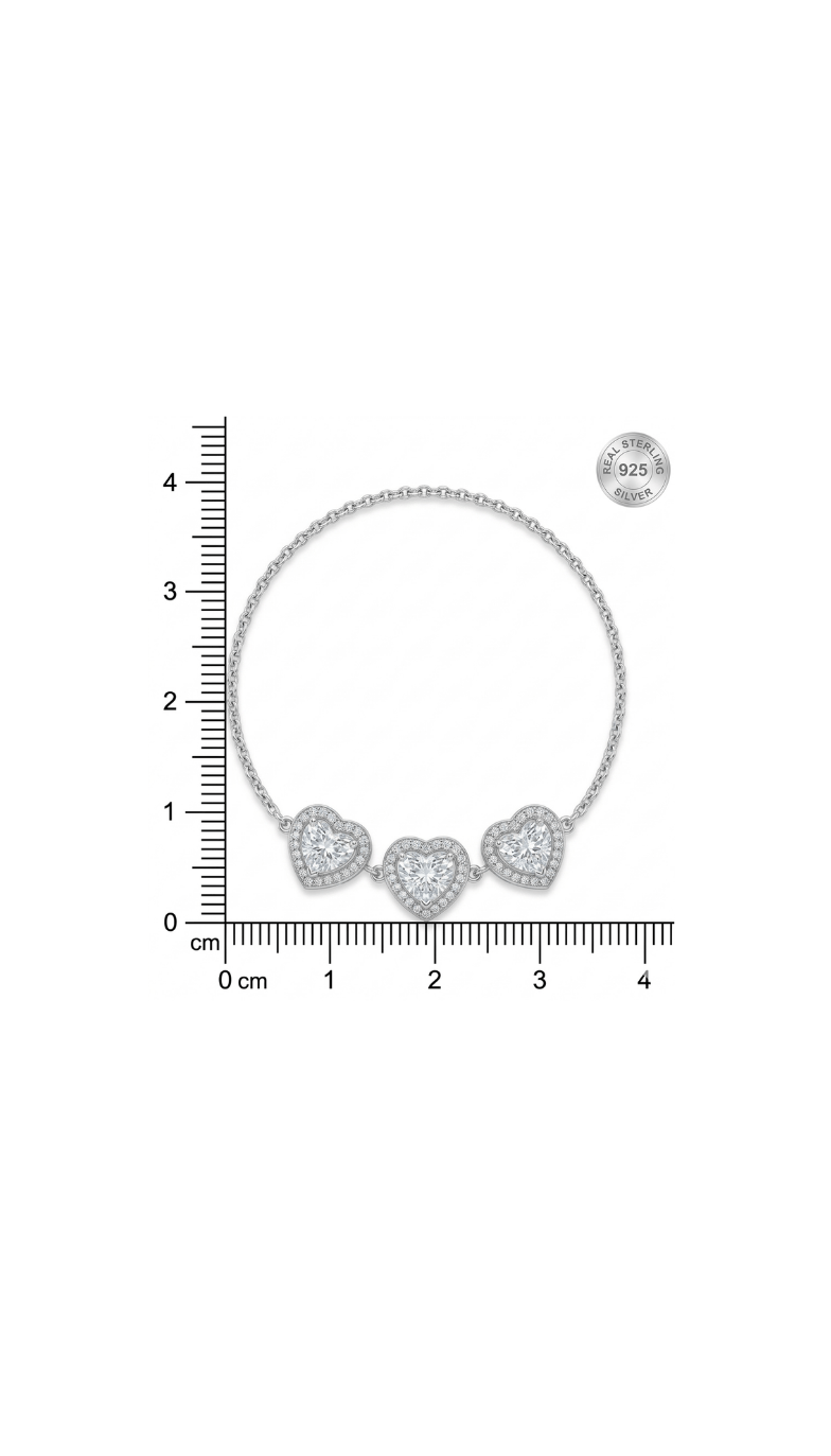 925 Sterling Silver Triple Heart Cz Jewellery Bracelet - Image 5