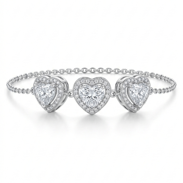 925 Sterling Silver Triple Heart Cz Jewellery Bracelet