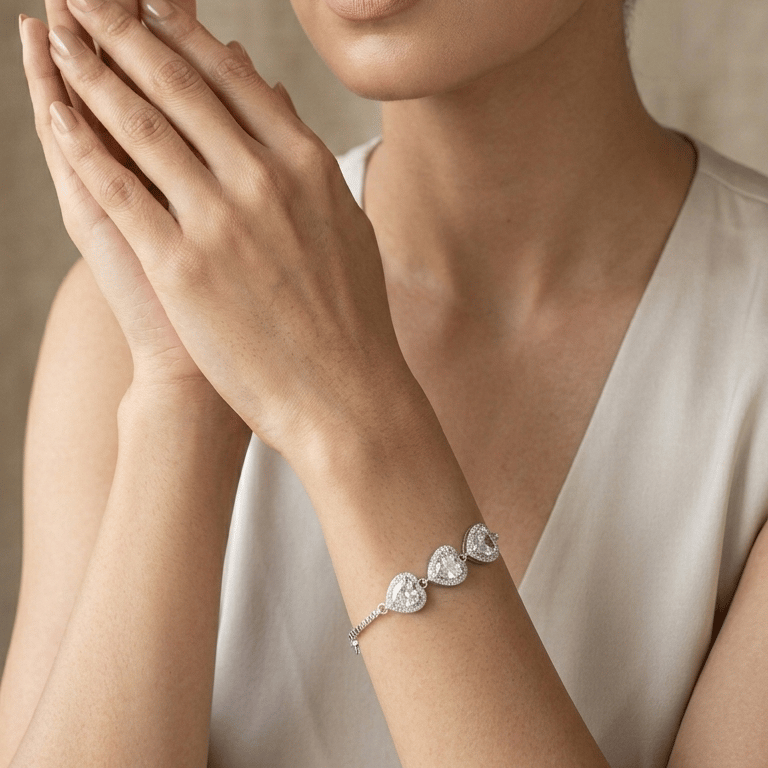 925 Sterling Silver Triple Heart Cz Jewellery Bracelet