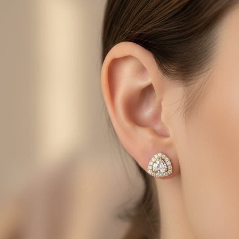 925 Sterling Silver With 22k Gold Plated Triangle Halo Cubic Zirconia Stud Earrings