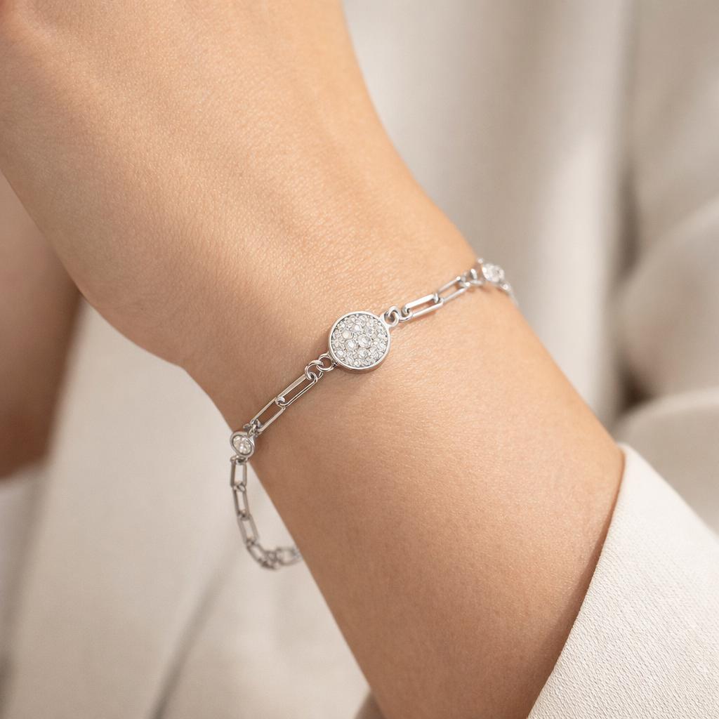 925 Sterling Silver Minimal Zircon Disc Chain Bracelet