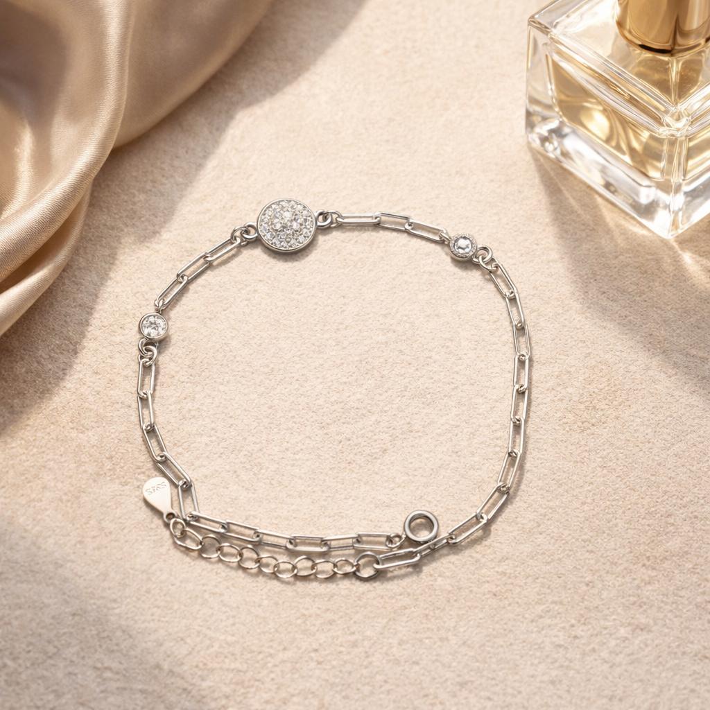 925 Sterling Silver Minimal Zircon Disc Chain Bracelet