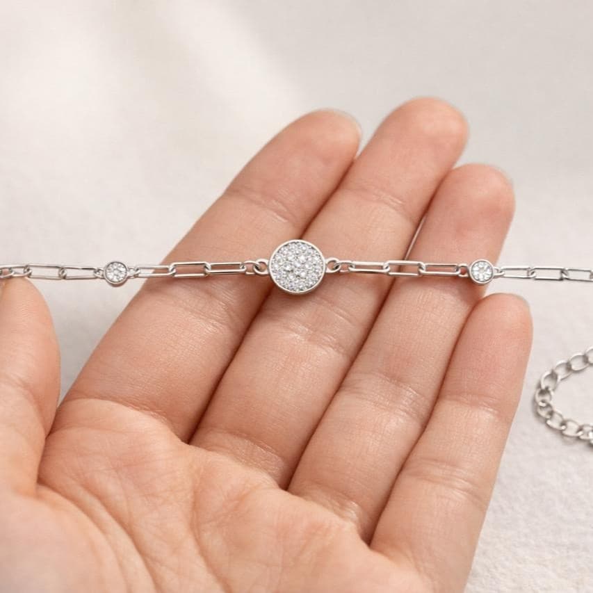 925 Sterling Silver Minimal Zircon Disc Chain Bracelet - Image 4