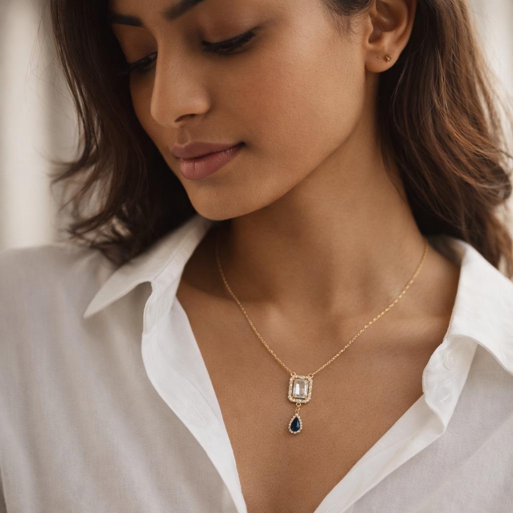 Royal Sapphire Halo Drop Gold Pendant Necklace With Chain - Image 3